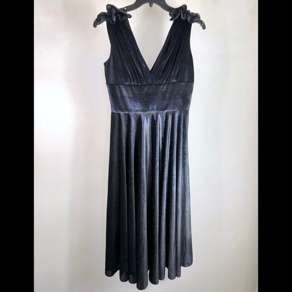 Christian Siriano Velvet V Neck Dress Navy Ruffle - Picture 2 of 10